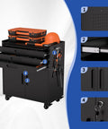 Three Foot Rolling Tool Cart With Lockable Swivel Casters Heavy Duty Three Drawer Storage Cabinet And Pegboard Organizer with orange accessories.