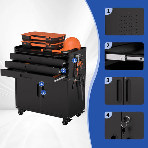 Three Foot Rolling Tool Cart With Lockable Swivel Casters Heavy Duty Three Drawer Storage Cabinet And Pegboard Organizer with orange accessories.