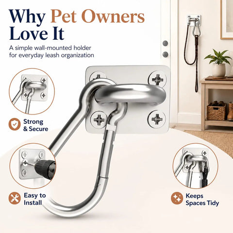 Wall-mounted holder for leash organization with steel hooks, indoor installation, keeping spaces tidy, and easy to install.