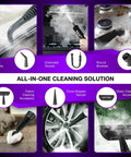 Quick Heat Handheld Steam Cleaner Includes Nine Piece Accessory Kit displaying various nozzles and brushes for diverse cleaning.