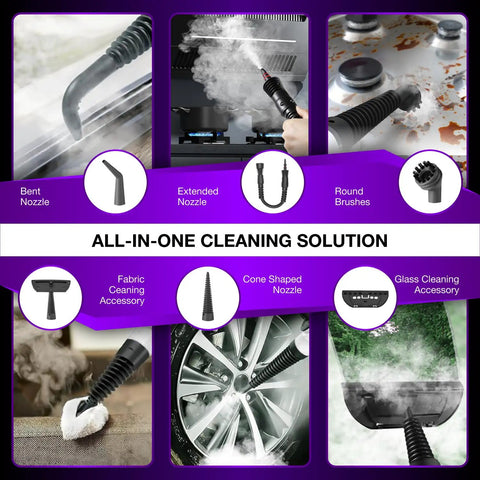 Quick Heat Handheld Steam Cleaner Includes Nine Piece Accessory Kit displaying various nozzles and brushes for diverse cleaning.