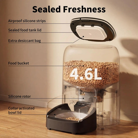 RFID Enabled Cat Feeder With Collar Tag And No Fuss App Control, 4.6L Capacity showing sealed freshness features.