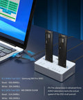 Close-up of Skip The Hassle With This Knockout M2 NVMe SATA SSD Cloner Double Bay Duplicator Enclosure with SSDs connected.