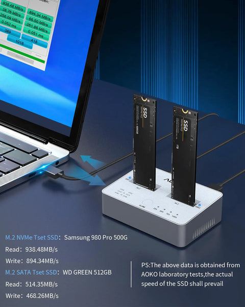 Close-up of Skip The Hassle With This Knockout M2 NVMe SATA SSD Cloner Double Bay Duplicator Enclosure with SSDs connected.