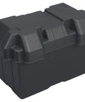 Kickass Marine Battery Box For Group 27 30 31 Sizes Black Heavy Duty Injection Molded Plastic with secure hold down strap, side view.