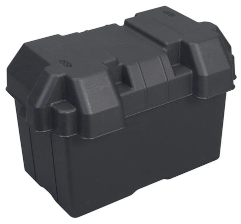 Kickass Marine Battery Box For Group 27 30 31 Sizes Black Heavy Duty Injection Molded Plastic with secure hold down strap, side view.