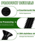 Heavy Duty Flat Countersunk Machine Screws Phillips Drive Hella Tough 304 Stainless Steel Corrosion Proof Black Finish One Hundred Piece Gear Up Kit With Driver Bit showing countersunk head and smooth surface.