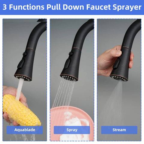 Universal Three Mode Pull Down Kitchen Faucet Spray Head Replacement with Fifteen Adapters oil rubbed bronze showing 3 functions