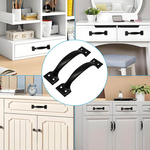 Ten Pack 6 Inch Metal Bow Door Handles Black Matte Vintage Barn Door Pulls For Furniture Cabinets Kitchen Drawers Dressers And Gates Beefy Iron Rustproof Anti Corrosion Wear Resistant Hollow Design Zorveiio shown on various white furniture pieces
