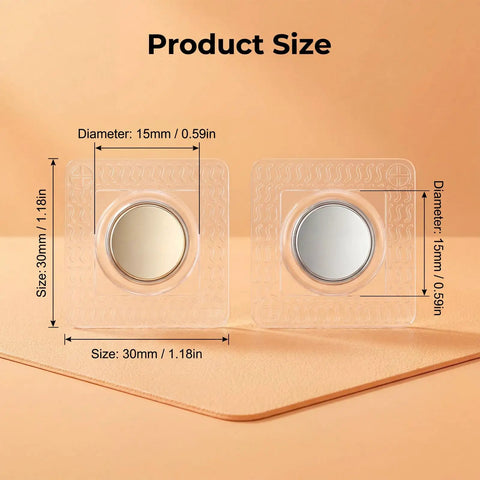 Hella Secure Hidden Magnetic Snaps, 64 Piece Invisible Sew On Clasp Set, 1.18 Inch Big Time Strength Buttons size displayed with measurements.