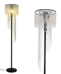 Dope Black Crystal Floor Lamp With Three Lights, Tall Pole Modern Minimalist Style For Living Room Bedroom Office, lit and unlit views.