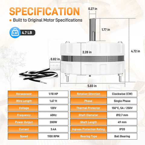 Attic Ventilation Fan Motor With Mounting Kit Direct Replacement For Lomanco 2000 And 1800 Series Power Vents 120V 1 Tenth HP 1100 RPM Easy Install And Durable Performance specifications