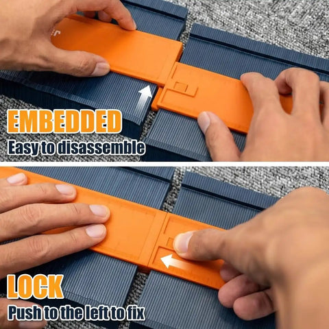 Profile Gauge Adjustable Lock For Irregular Shapes Duplicator, orange ABS contour gauge on tiles, locking sections shown