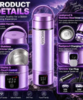 Ride Ready 12V 24V Vacuum Insulated Car Electric Kettle With Six Custom Temperatures And Auto Shut Off, purple with portable handle.