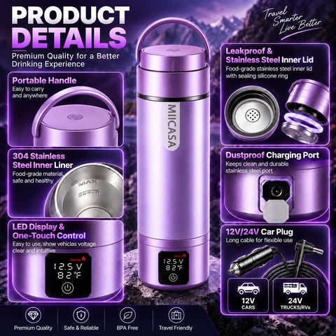 Ride Ready 12V 24V Vacuum Insulated Car Electric Kettle With Six Custom Temperatures And Auto Shut Off, purple with portable handle.
