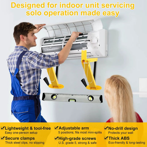 Man installing AC using Heavy Duty Mini Split Wall Mount Bracket With Built In Level, Universal Indoor AC Mount, 176 Lb Capacity