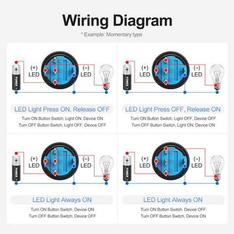 Wiring diagram for Five Pack Sixteen Millimeter Latching Push Button Switches With Beefy Blue Rectangular Caps And 12V DC LED Indicator