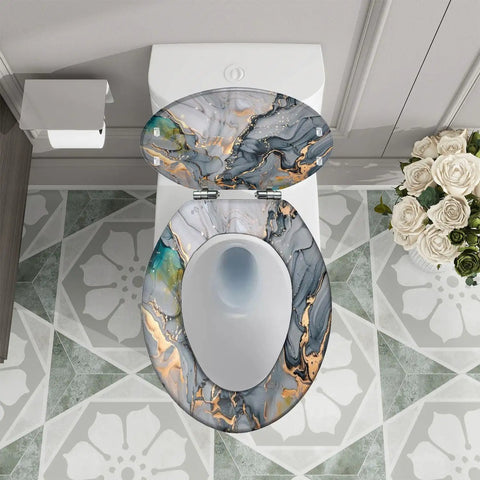 Elongated Toilet Seat for Home Replacement with a decorative marble design, measuring 14.5" x 18.5" for standard fit.