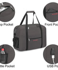 Under Seat Personal Item Duffel Bag 17 X 13 X 8 Inches with Free Pillow and USB Port Space Smart Grey Tote showing pockets and USB port.
