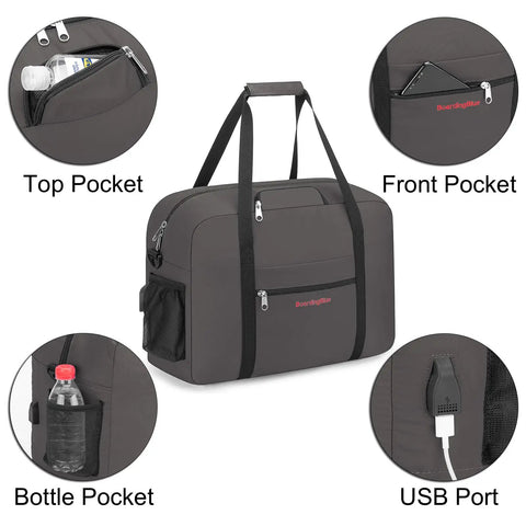 Under Seat Personal Item Duffel Bag 17 X 13 X 8 Inches with Free Pillow and USB Port Space Smart Grey Tote showing pockets and USB port.