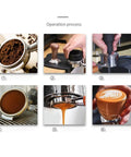 58 Millimeter Bottomless Stainless Steel Filter Holder With Wooden Handle For Home Espresso Machines, Detachable Design, Rust Resistant, Easy To Install, Durable Portafilter Accessory For Rich, Balanced Espresso shown with espresso extraction steps