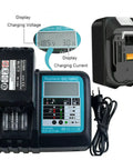 Battery charger and lithium battery for Battery Powered Hydraulic Cable Cutter EZ-85C, showing voltage and current display.