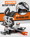 Amazon DWT sliding compound miter saw with 3 blades, 10-inch blade, orange and black front view with extension table