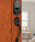 Keyless Electronic Touchpad Deadbolt And Handleset Combo For Home Security Setup With Six User Codes on wooden door
