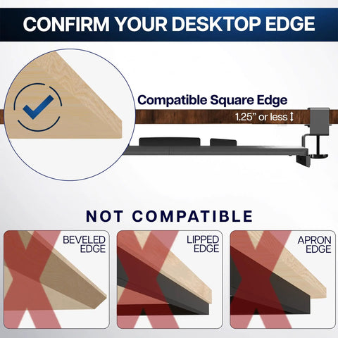 Diagram of compatible and incompatible desktop edges for Under Desk Keyboard Tray With Heavy Duty Clamp Mount System 27 Inch Sliding Keyboard Drawer For Ergonomic Typing And Mouse Space Saving Pull Out Platform With Clamp Black KB05E.