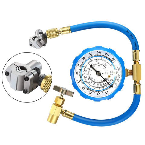 Chinco BPV-31 piercing valve kit with blue dial gauge and brass adapters for automotive air-conditioning service