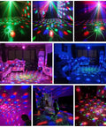 Colorful beams from Two In One Party Lights Rotating Disco Ball DJ Lights LED Stage Light Projector in various room setups.
