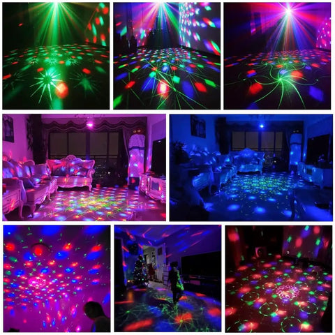 Colorful beams from Two In One Party Lights Rotating Disco Ball DJ Lights LED Stage Light Projector in various room setups.