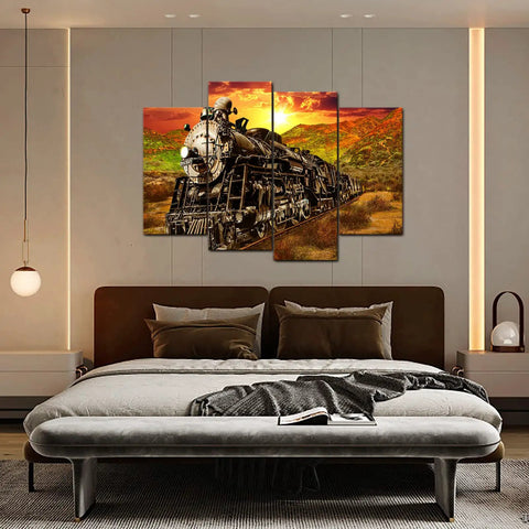 Vintage Steam Train Canvas Wall Art Set Four Panel 12x24 And 12x32 Locomotive Print over bed with sunset background
