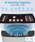 Control panel of No Sweat Portable Washer And Dryer Combo Set showing 10 wash programs, water levels, and buttons.