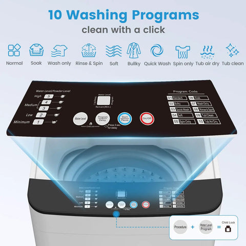 Portable Washer And Dryer Combo Full Automatic Top Load Laundry Pair For Apartments Dorms Smooth Operator Vibe Heavy Duty Steel Tub LED Panel Quick Wash Cycle with control panel showing 10 washing programs.