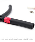 Close-up of AutoLine Pro EVAP service port adapter with red knurled collar attached to a black hose.