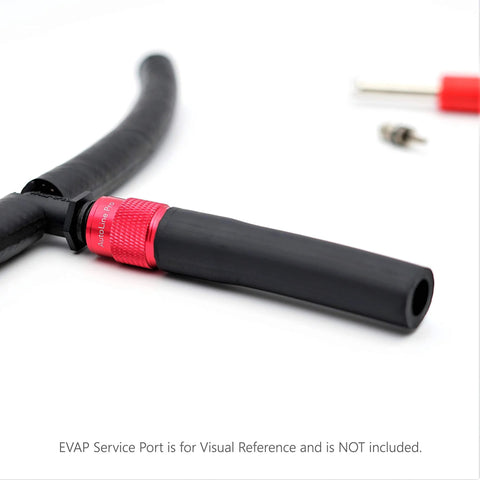 Close-up of AutoLine Pro EVAP service port adapter with red knurled collar attached to a black hose.
