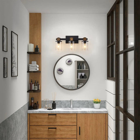 Bathroom with rustic farmhouse vanity lights with hand polished wood and black metal clear glass shade 3 light wall sconce over mirror