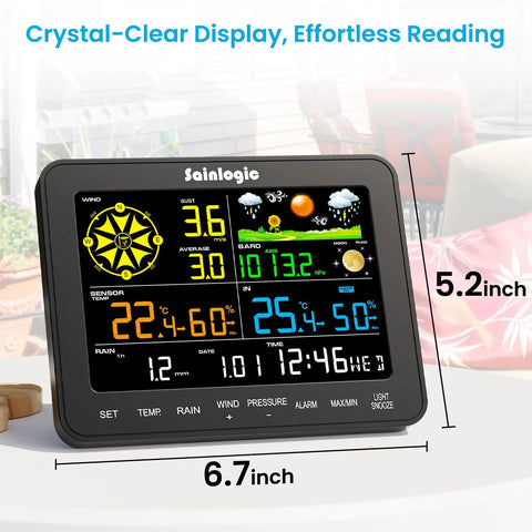 Wireless Home Weather Station With Rain Gauge, Wind Speed And Direction, Humidity, Air Pressure And Forecast On A 6.5 Inch Color Display With Adjustable Backlight No WiFi