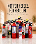 ABC Fire Extinguisher For Home Base With Patent Pending Easy Press Handle That Skips The Pin Drama, 2.5 Lb unit six pack displayed on counter.