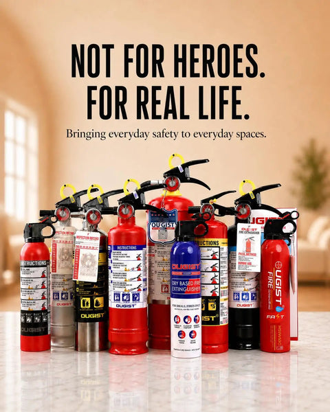 ABC Fire Extinguisher For Home Base With Patent Pending Easy Press Handle That Skips The Pin Drama, 2.5 Lb unit six pack displayed on counter.