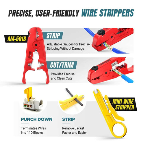 9-in-1 Ethernet Crimping Tool Kit With Pass-Through RJ45 And RJ11 featuring wire strippers, punch-down tool, and mini stripper