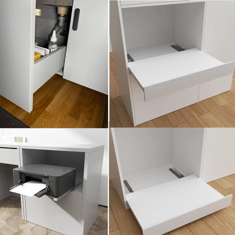 Full Extension Undermount Drawer Slides Soft Close Bottom Mount Glide Tracks For Kitchen Pantry Pull Out Trays And Cabinet Trash Rollouts with drawers shown open and closed.