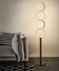 72W Dimmable LED Floor Lamp With Remote Control, modern black standing lamp beside sofa in living room, 3 color temperatures, adjustable brightness