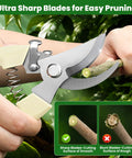 2 Pack Garden Pruning Shears With Sharp Bypass Blades cutting a branch, stainless steel hand pruners with comfortable grips.