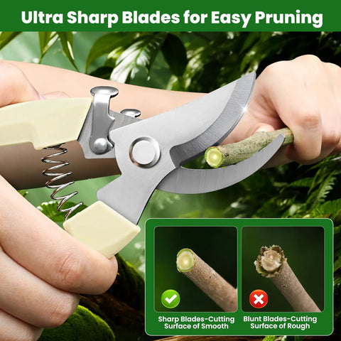 2 Pack Garden Pruning Shears With Sharp Bypass Blades cutting a branch, stainless steel hand pruners with comfortable grips.