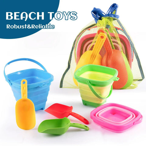 Packable Collapsible Beach Toys for Kids and Toddlers Three Pack Foldable Silicone Sand Buckets with Shovels and Mesh Storage Bag