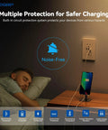 Man sleeping by a 3 Port USB Wall Outlet with Type C and USB A ports, 30W total output, tamper resistant, UL listed, matte white.