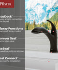 Wray Kitchen Faucet With Pull Out Sprayer, Single Handle, Mid Arc, Matte Black Finish, shown with features list