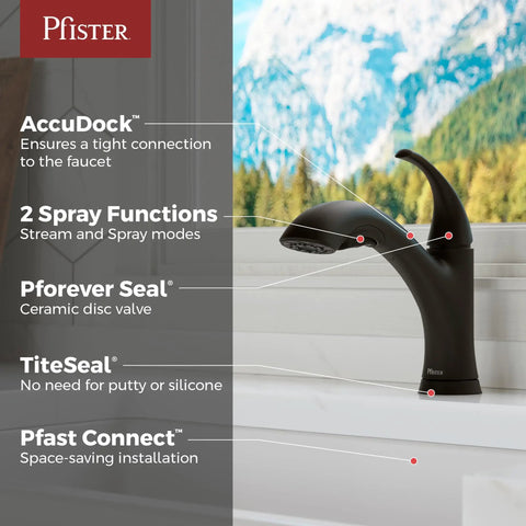 Wray Kitchen Faucet With Pull Out Sprayer, Single Handle, Mid Arc, Matte Black Finish, shown with features list